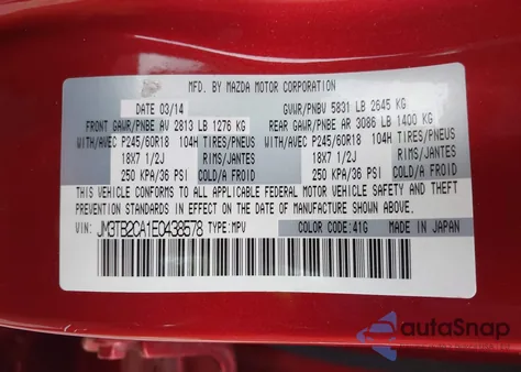 2014 Mazda Cx-9 Touring from USA, damaged, VIN JM3TB2CA1E0438578